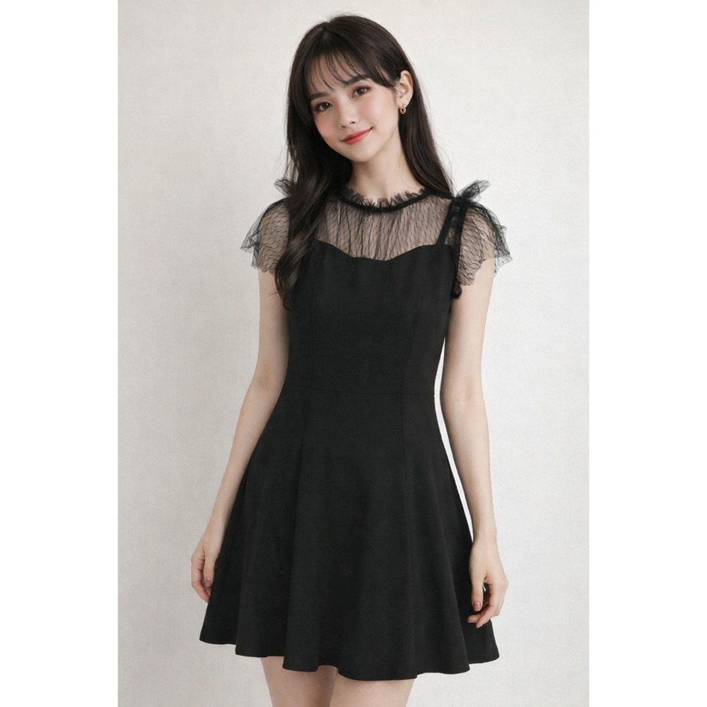 COCOON Black Sheer‎ Ruffle Neck Short Sleeve Fit Flare Dress Size 2